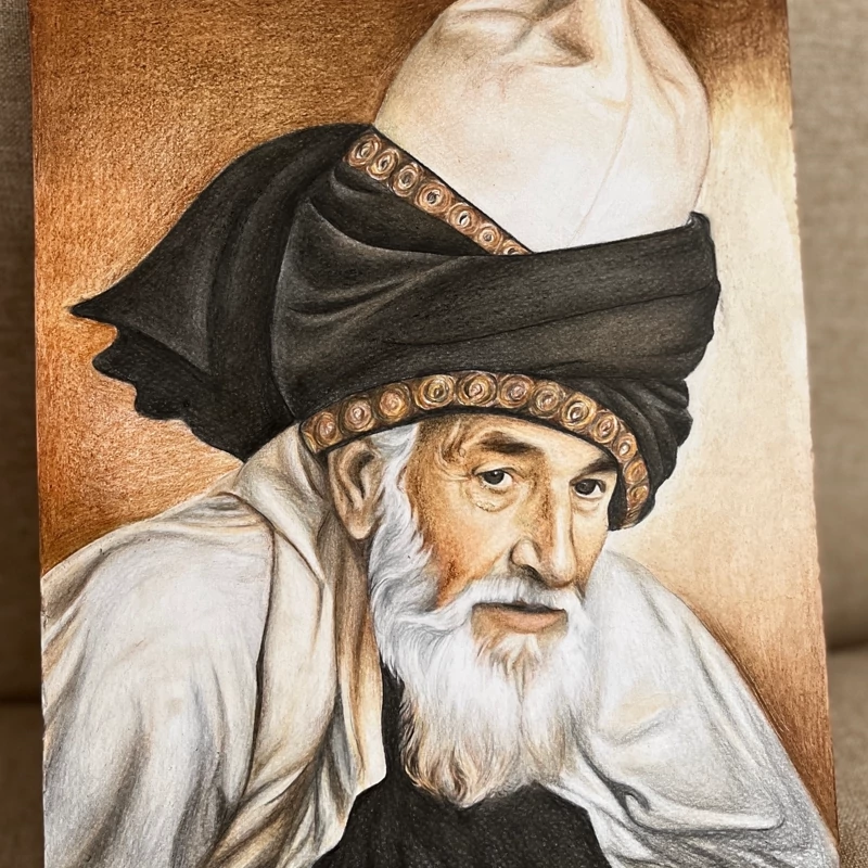 شمس تبریزی(تابلو نقاشی چهره، مداد رنگی)