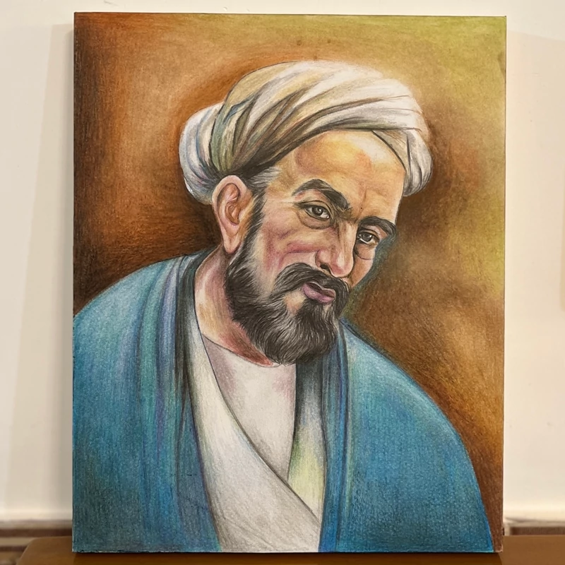 سعدی(تابلو نقاشی چهره، مداد رنگی)